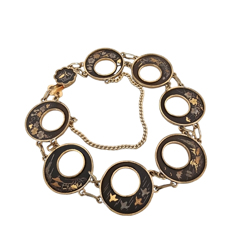 VINTAGE JAPANESE Damascene Bracelet Kyoto Gold Inlay 24K Silver Black Panel RARE - Picture 5 of 16